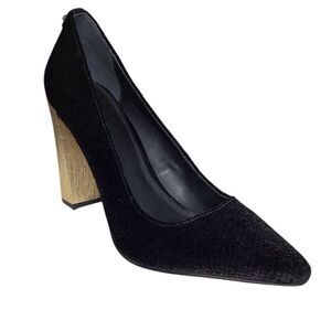 Calvin Klein Neema Pump Shoes Black Velour Gold 4” Heel Pointed Toe Size 7 1/2